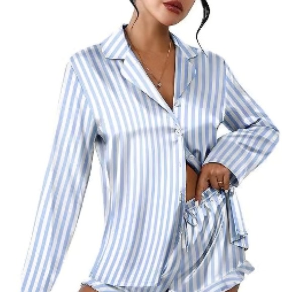 Ekouaer Other - Ekouaer Womens Satin Pajama Top Blue White Striped Long Sleeve Button Down M